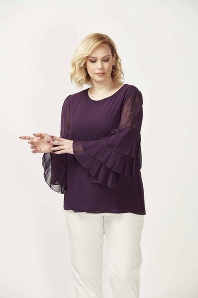 Moda Berray 28009 Ruffled Sleeves Plus Size Blouse Plum
