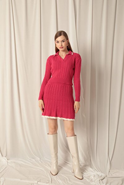 Generic Brand Knitwear Fabric Collared Hair Braided Pattern Fuchsia Skirt Set