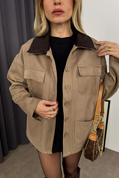 Sue Store Μπουφάν Gabardine με βελούδινο γιακά με κουμπιά Milk Coffee Pocket