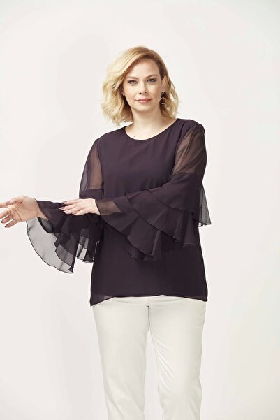 Moda Berray 28009 Kolları Fırfırlı Büyük Beden Bluz Koyu Mürdüm