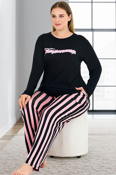 Jenny Daphne Plus Size Striped Soft Pajama Set - Long Sleeve Black Top Viscose 11395