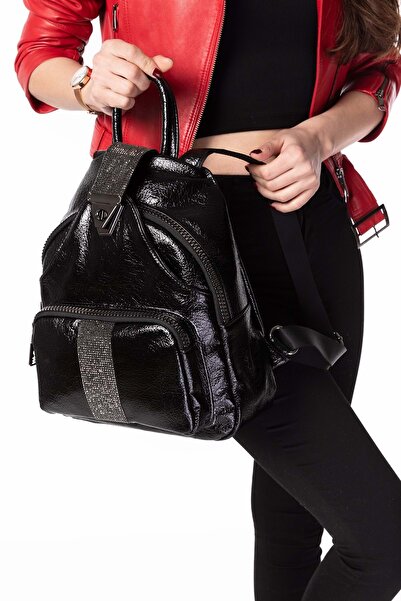 Gondol Kadın Taş Detaylı Günlük Sırt Çantası ald.1250 Siyah Rugan