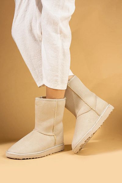 Nexs Women's Beige Suede Long Boots with Fur Inside Flat Comfortable Sole Shoes