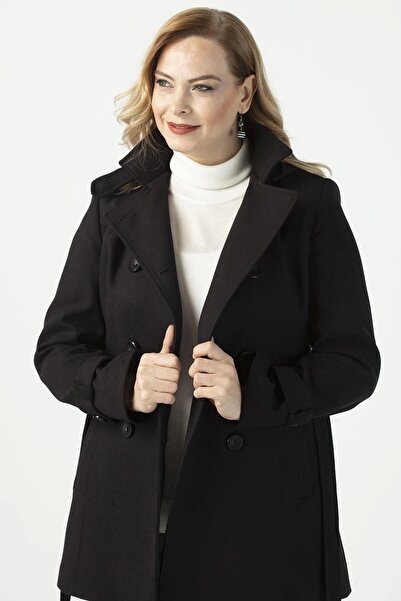 Moda Berray 2412 Siyah Kruvaze Kol Apoletli Büyük Beden Kaşe Kaban