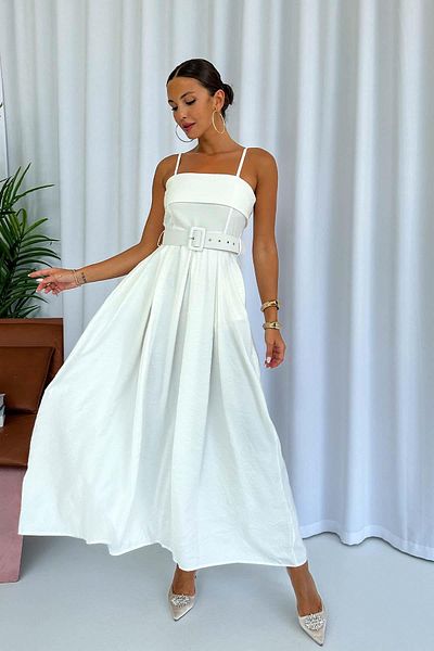 Mine Tan Butik Λευκό Midi Γυναικείο Φόρεμα - με λουράκι και ζώνη
