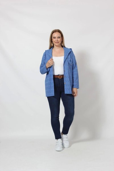 Moda Berray B029M Kapüşonlu Delikli Mevsimlik Ceket Mavi