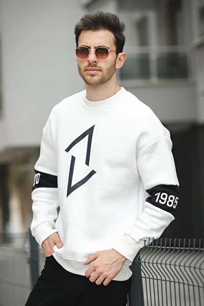 Oksit Estd Мъжки суичър с повдигнати ръкави и бродирани предни щампи с кръгло деколте