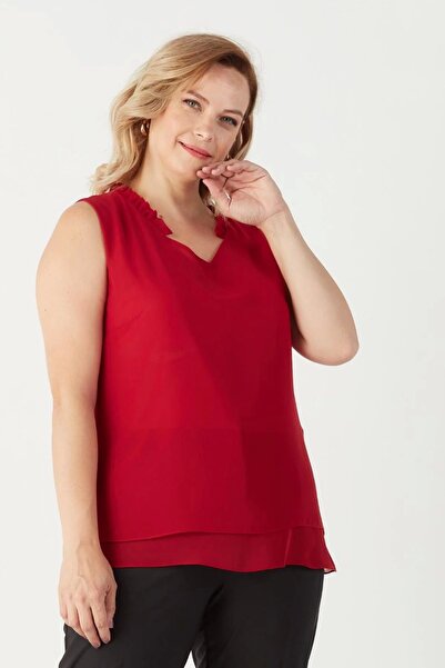 Moda Berray 3241 Yaka Fırfırlı Kolsuz Büyük Beden Şık Bluz Mürdüm