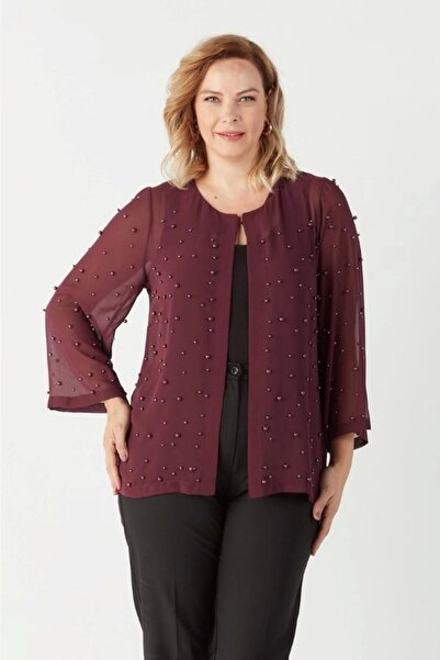 Moda Berray 1951 Mürdüm Inci Ve Taş Baskılı Şifon Büyük Beden Şık Ceket