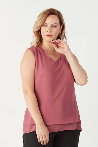 Moda Berray 3241 Yaka Fırfırlı Kolsuz Büyük Beden Şık Bluz Gül Kurusu