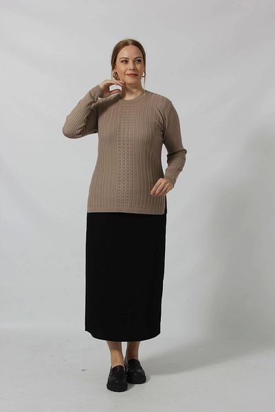 Moda Berray Stoned Embroidery Detailed Line Knit Patterned Sweater