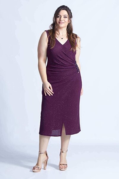 Moda Berray 8005 Mürdüm Simli Esnek Kumaş Beli Işlemeli Büyük Beden Elbise