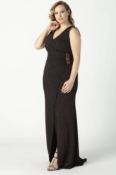 Moda Berray 8004 Omuz - Bel Işleme Kruvaze Abiye Elbise Bakır