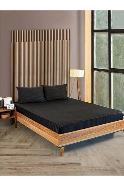 Mrs.Gugar Black Cotton Striped Satin Elastic Sheet Set Single + 1 Pillow Case