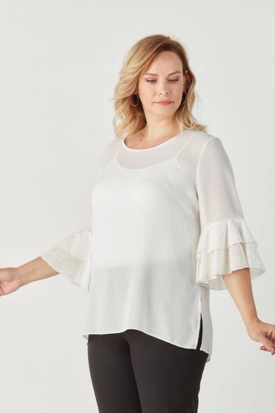 Moda Berray 3206 Large Size Stylish Blouse with Scallop Detail on Sleeves White