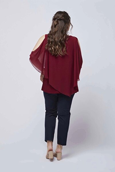Moda Berray 4050 Claret Red Jewelled Cape Chiffon Plus Size Stylish Blouse