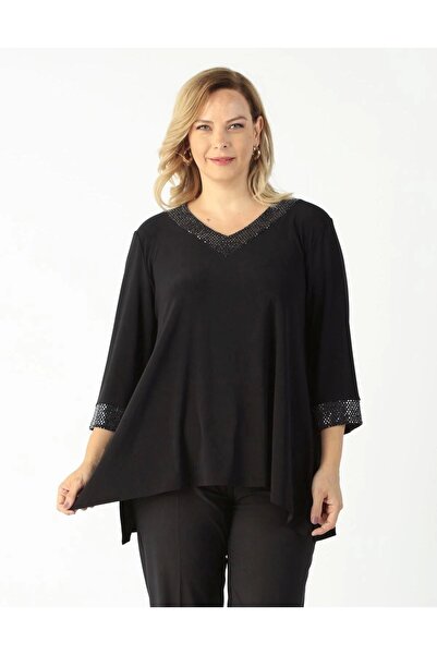 Moda Berray 1931 Siyah Kol Ve Yaka Parlak Detay Büyük Beden Bluz