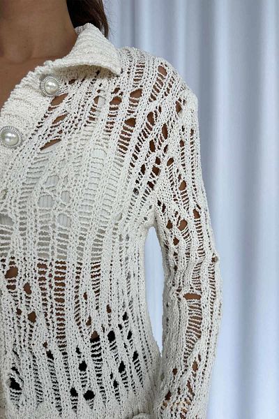 Mine Tan Butik Polo Collar Pearl Buttoned Knitwear Women's Cardigan - Ecru