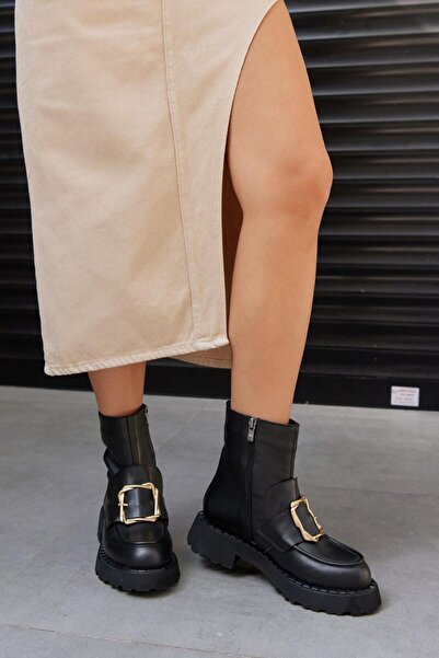 NILUFARR Napoli Siyah Hakiki Deri Altın Tokalı Kadın Bot