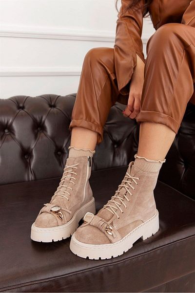 NILUFARR Γυναικείες μπότες Glenda Beige Γνήσιο Suede με αξεσουάρ