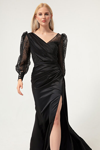 Lafaba Dámské černé třpytivé dlouhé saténové večerní šaty s dvojitým límcem