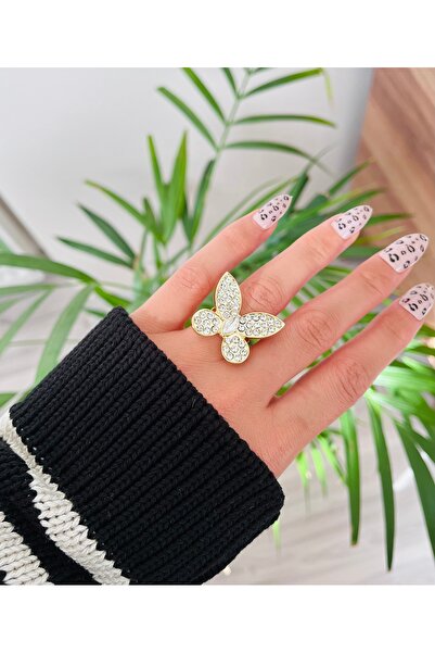 RM Bijuteri خاتم فراشة كبير الحجم قابل للتعديل بحجر الزركون