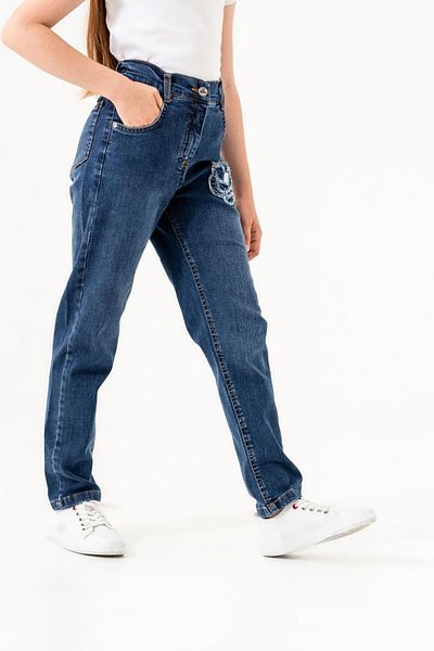 GİYİCEM Girl's Flower Embroidered Jeans Pants