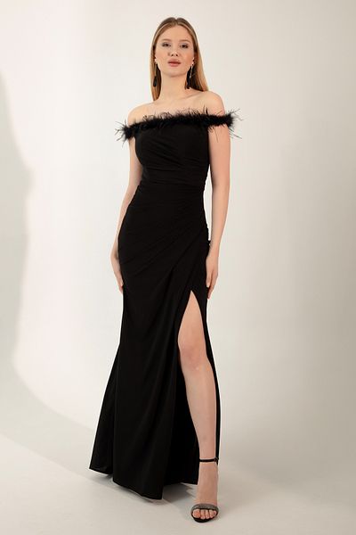 Lafaba Schwarzes Otriche-Abendkleid mit U-Boot-Ausschnitt und Schlitz für Damen