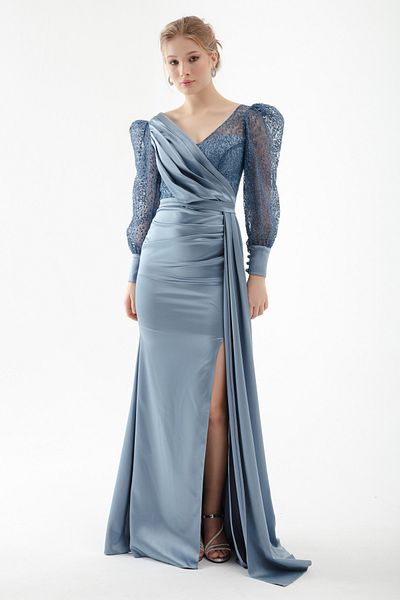 Lafaba Women's Baby Blue Double Breasted Collar Glittery Long Satin Evening Dress