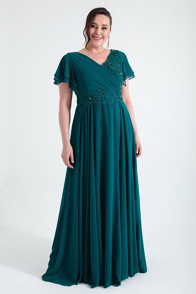 Lafaba Women's Emerald Green Double Breasted Jewelled Long Chiffon Evening Dress