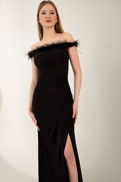 Lafaba Schwarzes Otriche-Abendkleid mit U-Boot-Ausschnitt und Schlitz für Damen