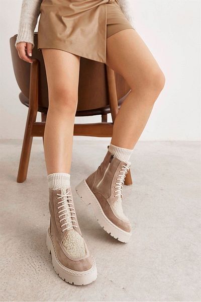NILUFARR Γυναικείες μπότες Yami Beige Γνήσιες Suede Shearling