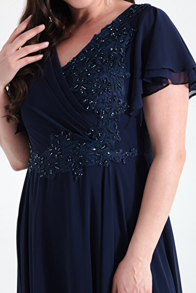 Lafaba Női sötétkék duplasoros ékköves hosszú sifon estélyi ruha