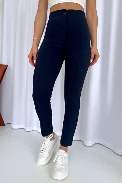 Mine Tan Butik Жіночі брюки з високою талією та вузькими штанинами з еластичною стрічкою - сині