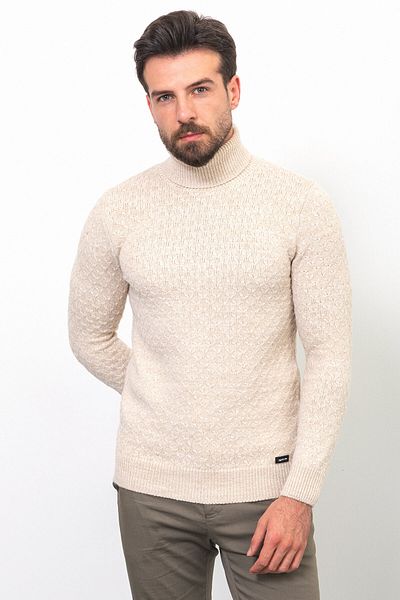 Mcr Patterned Slim Fit Full Turtleneck Wool Men's Sweater Beige - 11400.22K