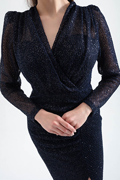 Lafaba Női sötétkék V-nyakú, hasított hosszú estélyi ruha