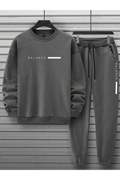 Altamira Erkek Duman Gri Balance Baskılı Oversize Bisiklet Yaka Eşofman Takımı