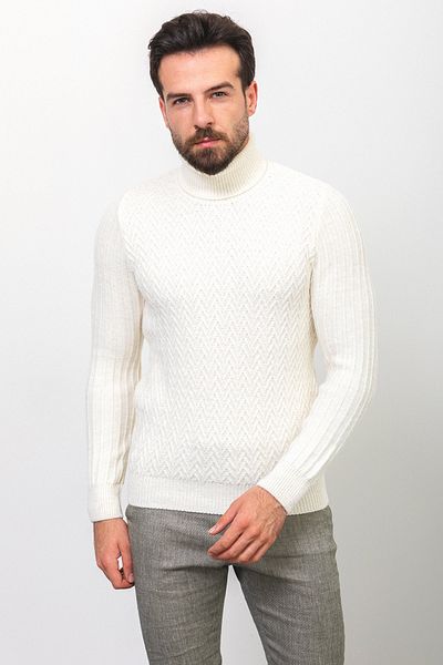 Mcr Patterned Slim Fit Full Turtleneck Wool Men's Sweater Ecru - 11398.22K