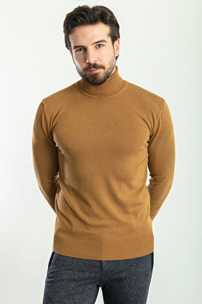 Mcr Прямий Slim Fit Чоловічий светр з повним коміром-стійкою Камел - 11412.22K