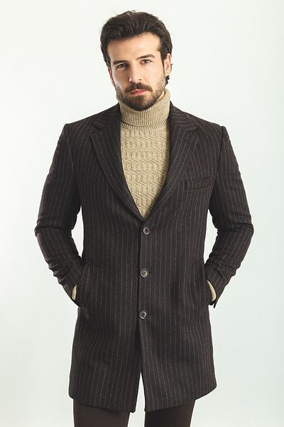 Mcr Striped Slim Fit Mono Collar Wool Men's Coat Brown - 21263.22K