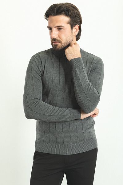 Mcr Checkered Slim Fit Half Turtleneck Men's Knitwear Sweater Anthracite - 11369.22K
