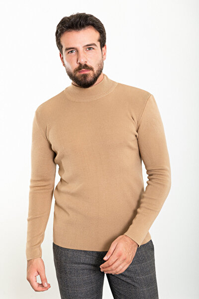 Mcr Ανδρικό πλεκτό πουλόβερ με ίσιο λεπτό μάλλινο μισό ζιβάγκο Camel - 11465.23K