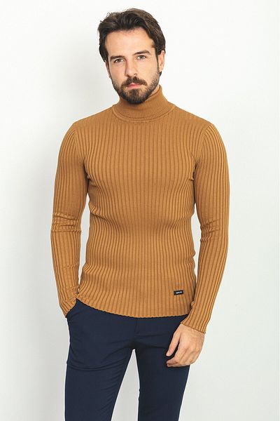 Mcr Striped Slim Fit Full Turtleneck Men's Sweater Camel - 11418.22K
