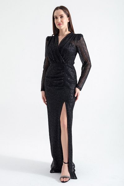Lafaba Schwarzes langes Abendkleid mit V-Ausschnitt und Schlitz für Damen