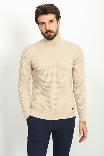 Mcr Textured Slim Fit Full Turtleneck Men's Sweater Light Beige - 11338.20K