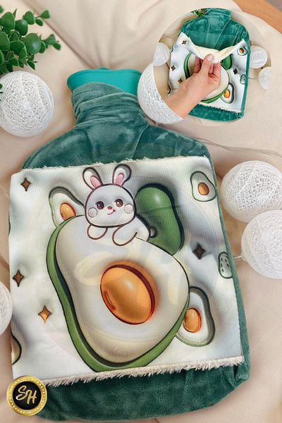 Snow Homs Green-Figured Removable Hot Water Bag with Velvet Cover 2 Liters
