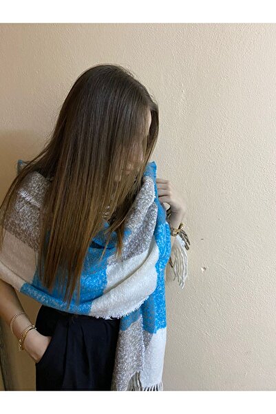 sema aksesuar Γυναικείο Φουλάρι Χειμερινό Μπλε Καρό Μπουκλ Σάλι - Δώρο