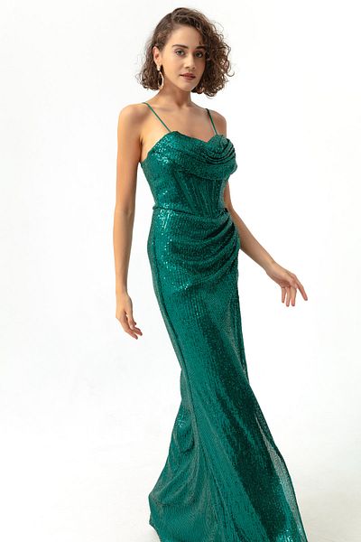Lafaba Women's Emerald Green Underwire Corset Detailed Sequined Slit Long Evening Dress
