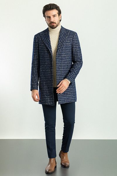 Mcr Checkered Slim Fit Wide Collar Wool Men's Coat Navy Blue - 21255.22K