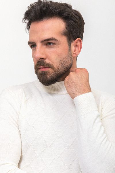 Mcr Patterned Slim Fit Half Turtleneck Wool Men's Sweater Ecru - 11416.22K